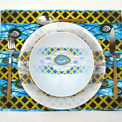 Gifts - Customizable Porcelain Plate Set - 'My Co-Wife's Eye' WAX Pattern - African Elegance Made to Order - KEMI HOME ART