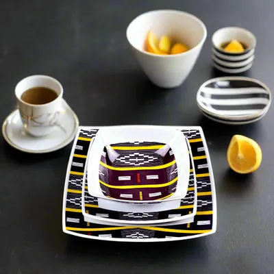 Gifts - Baoulé Art Set: 6 Customizable Square Porcelain Plates – Unique Black & Yellow Ethnic Pattern - KEMI HOME ART