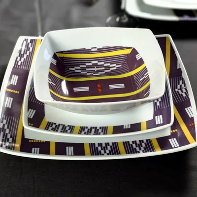 Gifts - Baoulé Art Set: 6 Customizable Square Porcelain Plates – Unique Black & Yellow Ethnic Pattern - KEMI HOME ART