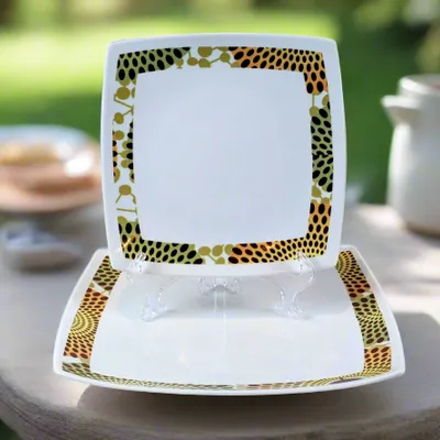 Cadeaux - Coffret d'assiettes carrées personnalisables en porcelaine française - Motif Gammaphone unique et rythmé - KEMI HOME ART