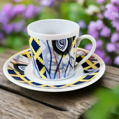 Gifts - Customizable Fine Porcelain Coffee Cup & Saucer - 'Protective Eye' WAX Pattern, Unique & Elegant - KEMI HOME ART