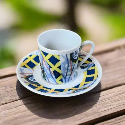 Gifts - Customizable Fine Porcelain Coffee Cup & Saucer - 'Protective Eye' WAX Pattern, Unique & Elegant - KEMI HOME ART