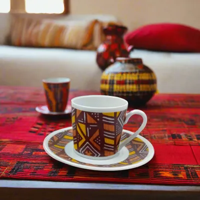 Gifts - Customizable Fine Porcelain Coffee Cup - Unique Handcrafted Bogolan Ethnic Pattern - KEMI HOME ART