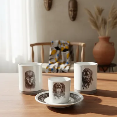 Gifts - Customizable fine porcelain coffee cup: Yacouba & Dan masks, unique Ivorian art made to order - KEMI HOME ART