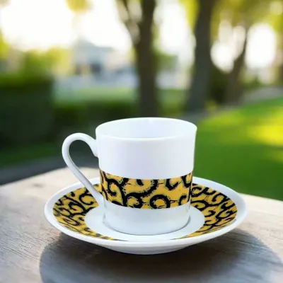 Gifts - Customizable WAX Coffee Cup & Saucer - 'Macaroni' Yellow Pattern, Fine French Porcelain Made to Order - KEMI HOME ART