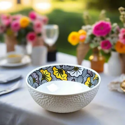 Gifts - Customizable French porcelain bowl - Unique WAX « Wedding Flowers » black and yellow motif, handcrafted made-to-order piece - KEMI HOME ART
