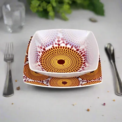 Gifts - Culinary Art Set: 6 Customizable Square French Porcelain Plates - Unique Gammaphone Pattern - KEMI HOME ART