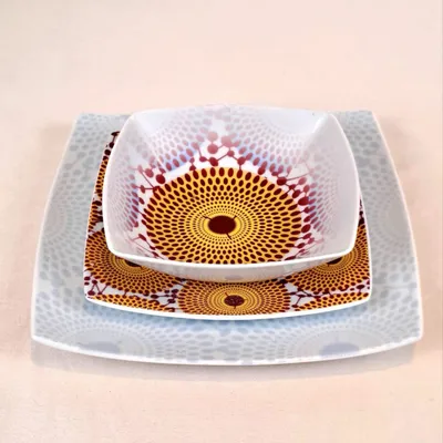 Gifts - Culinary Art Set: 6 Customizable Square French Porcelain Plates - Unique Gammaphone Pattern - KEMI HOME ART