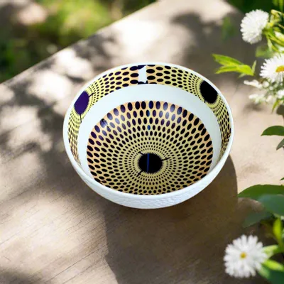 Gifts - Customizable Porcelain Bowl - Yellow Gammaphone Pattern, African Elegance and Unique Rhythm - KEMI HOME ART