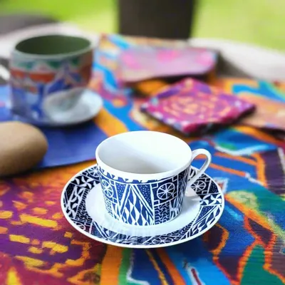 Gifts - Ndop Blue Teacup Set: Customizable African Elegance in Fine French Porcelain - KEMI HOME ART