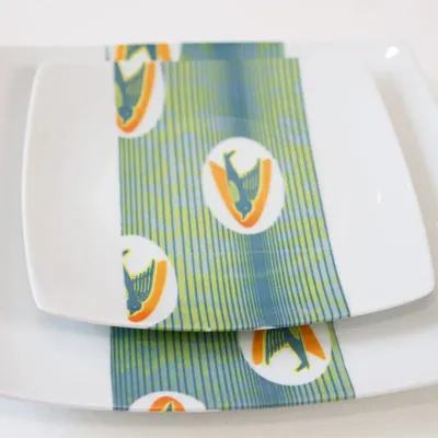 Gifts - WAX Sparkle: Set of 12 Customizable Square Plates in Fine Porcelain, Swallow Motif - French Handcrafted Made-to-Order - KEMI HOME ART