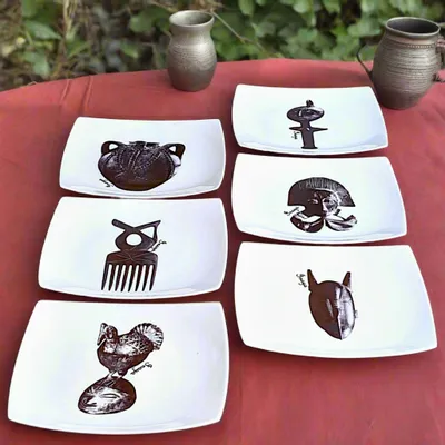 Gifts - Limited Edition: Set of 12 Customizable Square Porcelain Plates – African Masks & Black Gramophone Ethnic Patterns - KEMI HOME ART