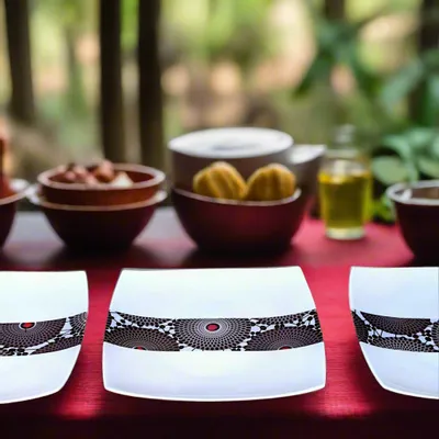 Gifts - Limited Edition: Set of 12 Customizable Square Porcelain Plates – African Masks & Black Gramophone Ethnic Patterns - KEMI HOME ART