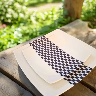 Gifts - Limited Edition: Customizable Set of 12 Square French Porcelain Plates - Unique Ludo Kouin WAX Pattern - KEMI HOME ART