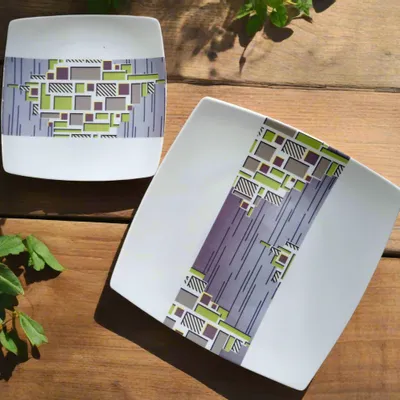 Gifts - Prestige Edition: Set of 12 Customizable Square Porcelain Plates - Unique WAX Billionaire Pattern - KEMI HOME ART