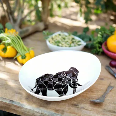 Gifts - Handcrafted Oval Porcelain Bowl - Customizable Elephant & Senufo Black Motif - Unique French Table Art Piece - KEMI HOME ART