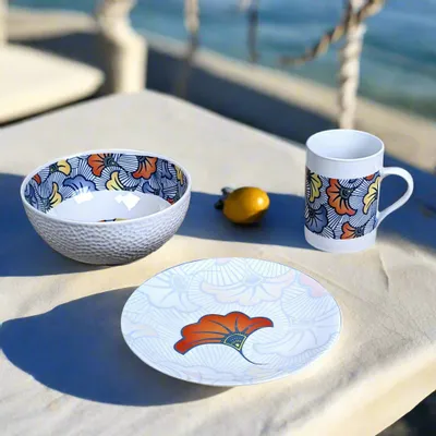 Gifts - Autumn Awakening: Customizable Fine Porcelain Breakfast Set - Unique 'Wedding Flowers' WAX Blue Pattern - KEMI HOME ART