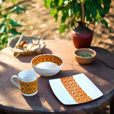 Gifts - Cultural Awakening: Customizable French Porcelain Breakfast Set, Ntshak Kuba Motif - Unique and Elegant Craftsmanship - KEMI HOME ART