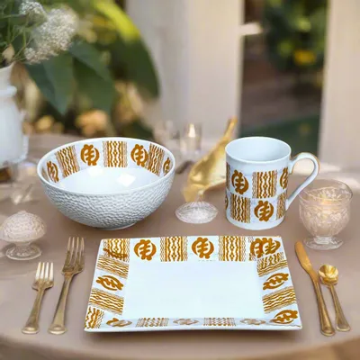 Gifts - Morning Awakening in Porcelain: Customizable Breakfast Set with Adinkra Motifs, Unique French Craftsmanship - KEMI HOME ART