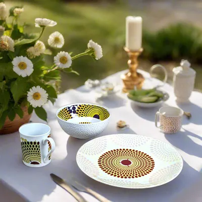 Gifts - Customizable Breakfast Set in Fine Porcelain - Unique Gamma Phone WAX Pattern - Plate, Bowl & Mug Handcrafted - KEMI HOME ART