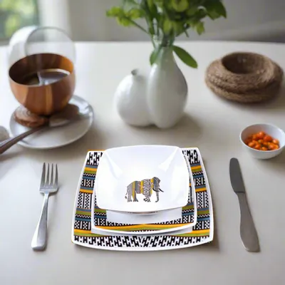 Gifts - Limited Edition: Set of 6 Customizable French Porcelain Plates - Niger's Kounta Ethnic Pattern & Elegant Elephant - KEMI HOME ART