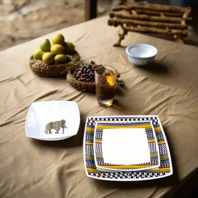 Gifts - Limited Edition: Set of 6 Customizable French Porcelain Plates - Niger's Kounta Ethnic Pattern & Elegant Elephant - KEMI HOME ART