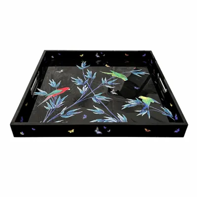 Plateaux - Plateau  carré en laque noire  " Jardin des merveilles" - PARADISIO IMAGINARIUM