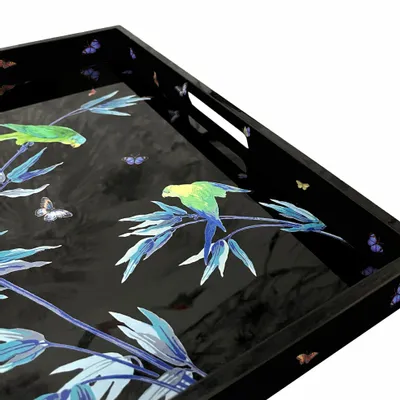 Plateaux - Plateau  carré en laque noire  " Jardin des merveilles" - PARADISIO IMAGINARIUM