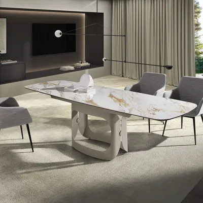 Tables Salle à Manger - Table à rallonges ovale en marbre porcelainé et acier sable métallisé - ANGEL CERDÁ