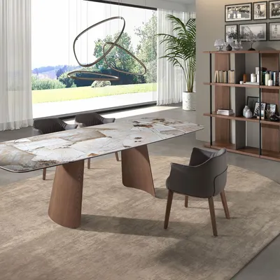 Tables Salle à Manger - Table à rallonges ovale en marbre porcelainé et noyer - ANGEL CERDÁ