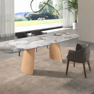 Tables Salle à Manger - Table à rallonges ovale en marbre porcelainé et chêne - ANGEL CERDÁ