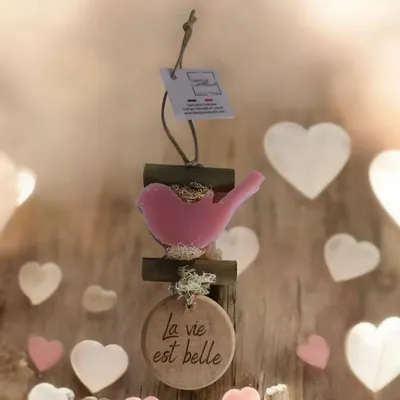 Savons - Tresse 1 Savon Oiseau Rose avec Rond Bois "La Vie est Belle" - FABRIQUE LOMAELLE