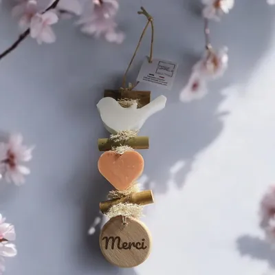 Soaps - Braid, 1 Bergamot Bird Soap, 1 Orange Blossom Heart, 1 Wooden "Thank You" Round - FABRIQUE LOMAELLE