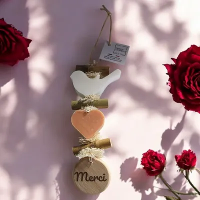 Soaps - Braid, 1 Bergamot Bird Soap, 1 Orange Blossom Heart, 1 Wooden "Thank You" Round - FABRIQUE LOMAELLE