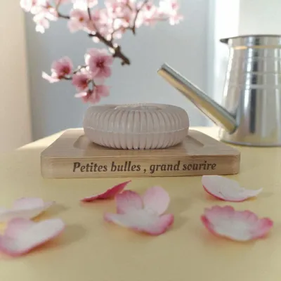 Soaps - Personalized Bamboo Soap Dish "Little Bubbles...Big Smile." - FABRIQUE LOMAELLE