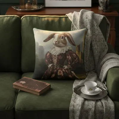 Linens - Aristocratic Bestiary 4 (Marchioness Bunnyworth) — Velvet Cushion Cover 45cm x 45cm - LAURE WELFLING - DJEBELI