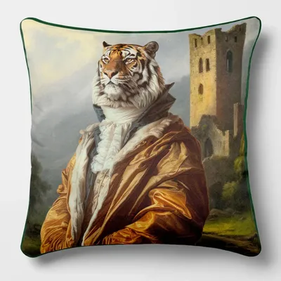 Linens - Aristocratic Bestiary 23 (Prince Tiggerton) — Velvet Cushion Cover 45cm x 45cm - LAURE WELFLING - DJEBELI