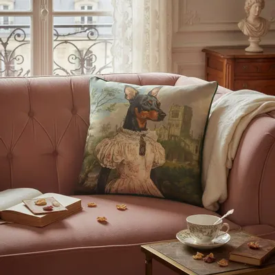 Linens - Aristocratic Bestiary 24 (Viscountess Pinscher) — Velvet Cushion Cover 45cm x 45cm - LAURE WELFLING - DJEBELI
