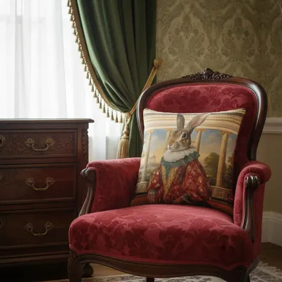 Linens - Aristocratic Bestiary 26 (Princess Fluffington) — Velvet Cushion Cover 45cm x 45cm - LAURE WELFLING - DJEBELI