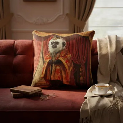 Linge - Bestiaire Aristocratique 27 (Le Marquis Ouistiti) — Housse Coussin Velours 45cm x 45cm - LAURE WELFLING - DJEBELI