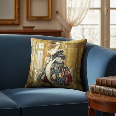 Linge - Bestiaire Aristocratique 29 (La Reine Cygne) — Housse Coussin Velours 45cm x 45cm - LAURE WELFLING - DJEBELI