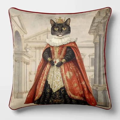Linens - Aristocratic Bestiary 36 (Queen Purrington) — Velvet Cushion Cover 45cm x 45cm - LAURE WELFLING - DJEBELI