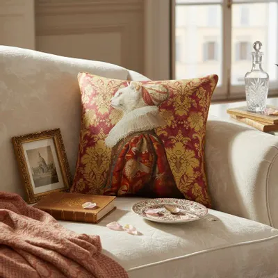 Linens - Aristocratic Bestiary 48 (Countess Meowsette) — Velvet Cushion Cover 45cm x 45cm - LAURE WELFLING - DJEBELI