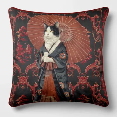 Linens - Aristocratic Bestiary 57 (Samurai Cat) — Velvet Cushion Cover 45cm x 45cm - LAURE WELFLING - DJEBELI