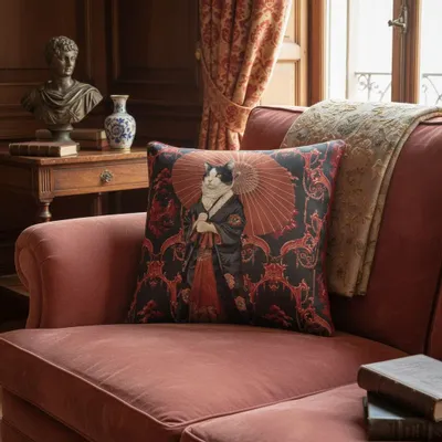 Linens - Aristocratic Bestiary 57 (Samurai Cat) — Velvet Cushion Cover 45cm x 45cm - LAURE WELFLING - DJEBELI