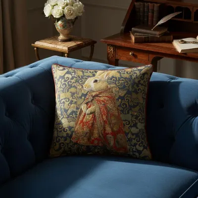 Linge - Bestiaire Aristocratique 59 (Le Comte Lapin) — Housse Coussin Velours 45cm x 45cm - LAURE WELFLING - DJEBELI