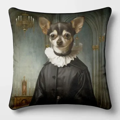 Linens - Aristocratic Bestiary 28 (Vicar Chihuaha — Velvet Cushion Cover 45cm x 45cm - LAURE WELFLING - DJEBELI