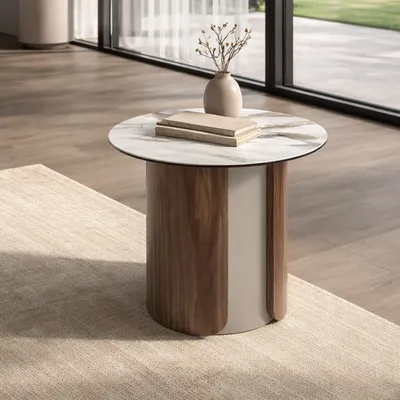 Autres tables  - Table d'appoint ronde en céramique, acier couleur sable et noyer. - ANGEL CERDÁ