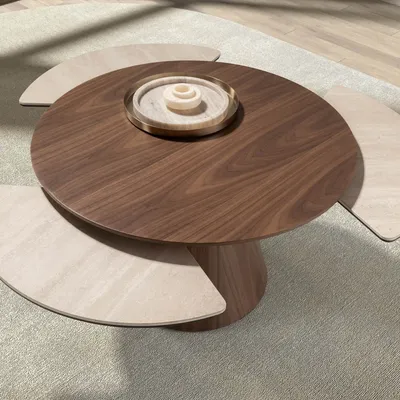 Coffee tables - Round extending coffee table in walnut and porcelain marble. - ANGEL CERDÁ