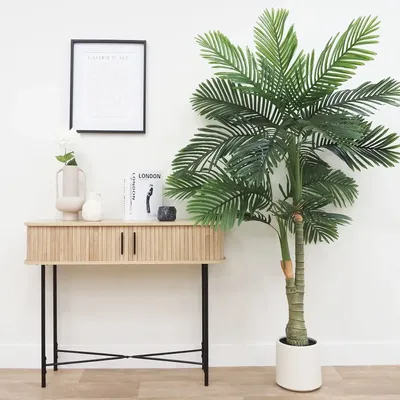 Floral decoration - Artificial palm, 2 trunks, white plastic pot - LIGNE DÉCO